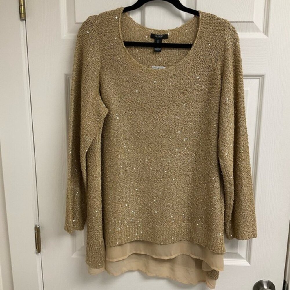 Alfani Gold Sequined Shimmer Scoop Neck Women's Elegant Plus Size Knitted Top - Picture 1 of 10